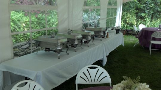 buffet tables with royal crest chafers